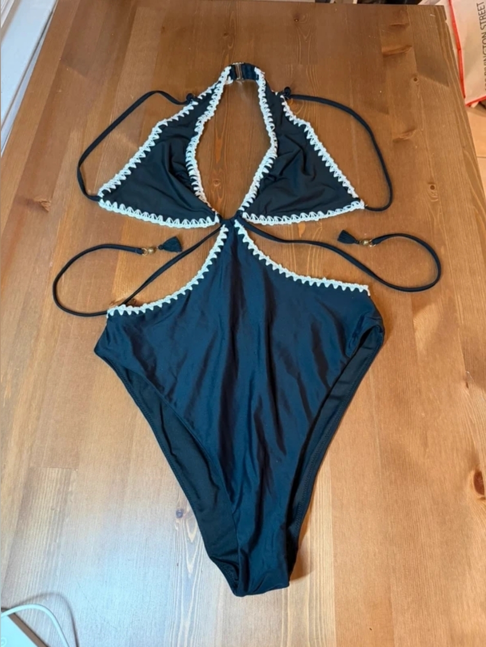 Black One-Piece Swimsuit with White Trim